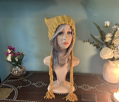 Crocheted kitty ears hat with - crocheted,