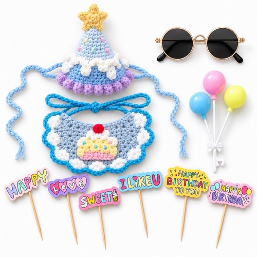 Blue cat birthday set - blue, crochet