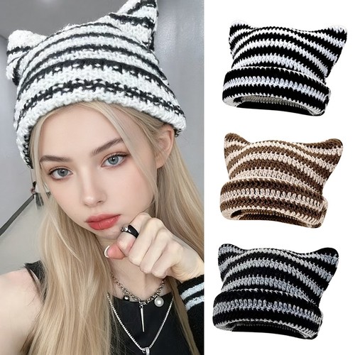 Striped cat ear knitted beanie - cat,